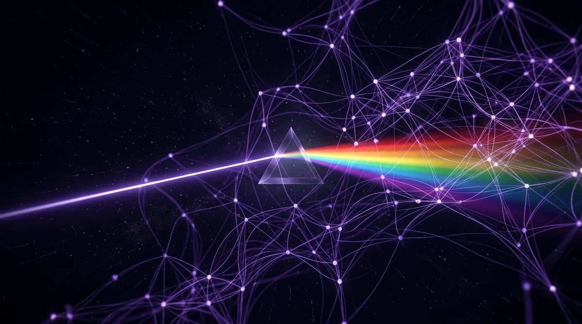 A prism refracting light into a connected network of nodes