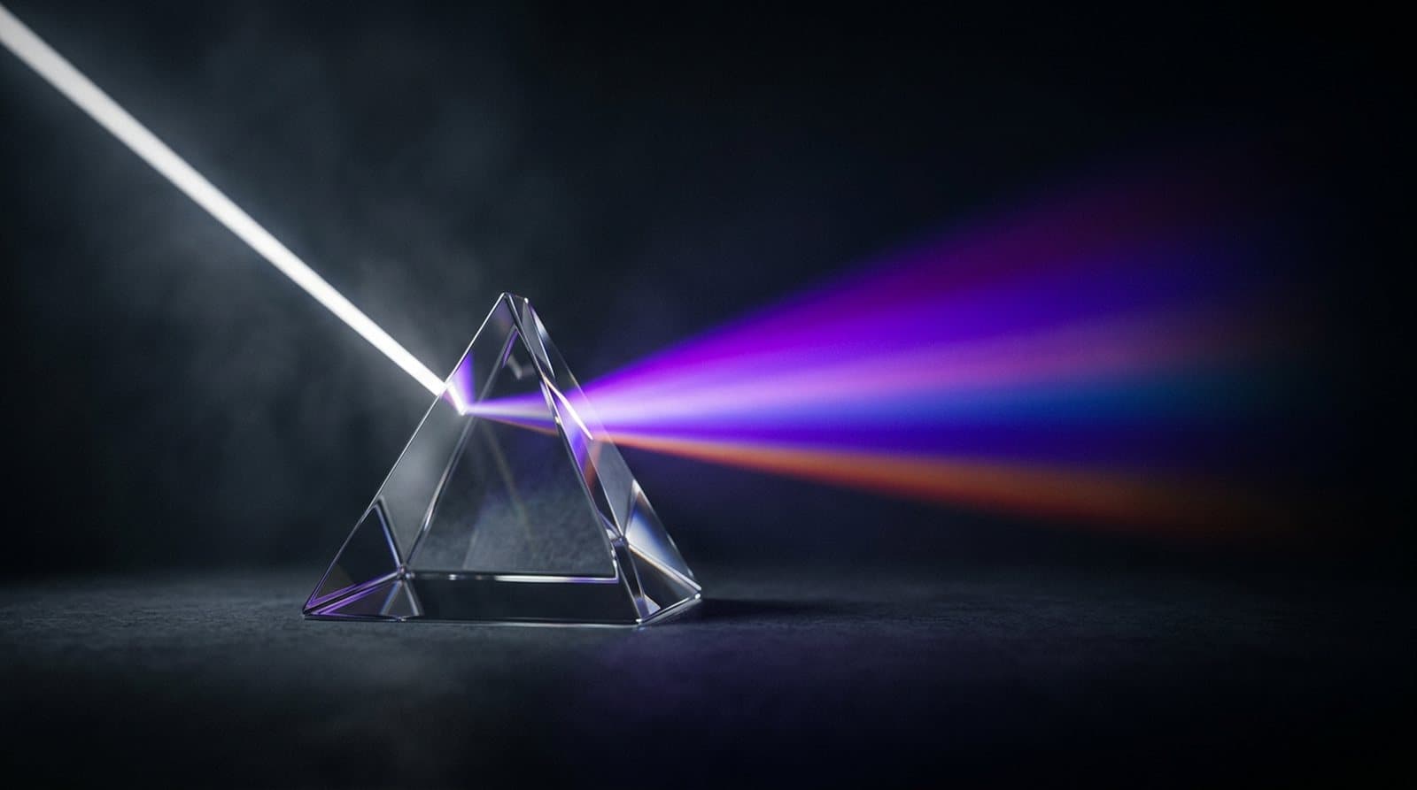 A beam of white light refracting through a prism into a full spectrum of color